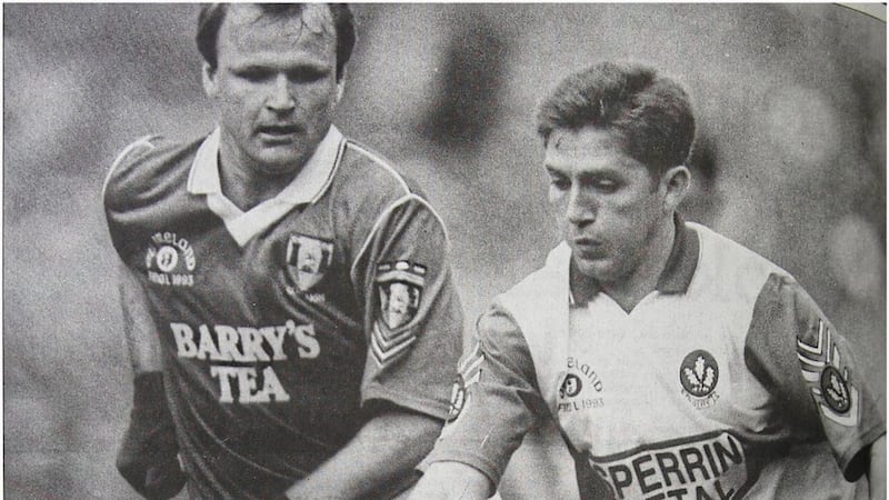 Damian Cassidy in action against Cork&#39;s Teddy McCarthy during the 1993 All-Ireland final. 