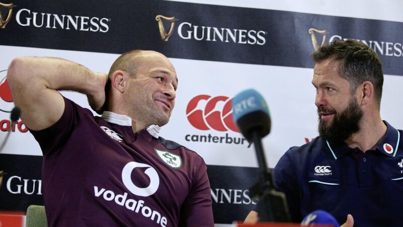 Ireland captain Rory Best (left) with defence coach Andy Farrell during a press conference at the Aviva Stadium