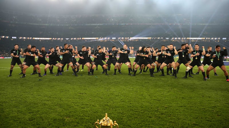 The New Zealand team perform the haka on the Twickenham pitch before the Rugby World Cup final<br />Picture: PA