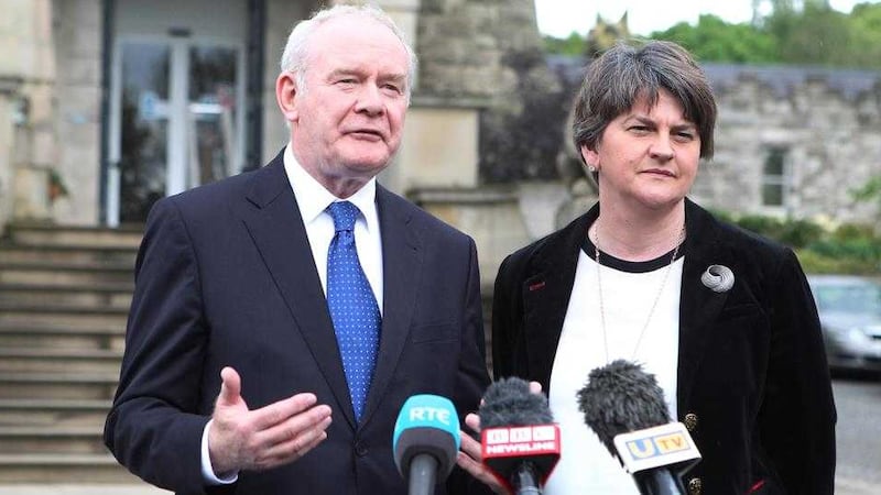 Deputy First Minister Martin McGuinness with First Minister Arlene Foster. Picture by Matt Bohill 