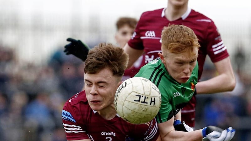 Holy Trinity, Cookstown&#39;s Cormac Devlin and Omagh CBS&#39;s Nathan Farry n during the 2023 Danske Bank Ulster Schools MacRory Cup final at O&#39;Neill Healy Park Picture: Philip Walsh 