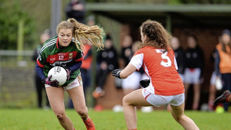 Sarah Rowe of Mayo in action against Clodagh McCambridge of Armagh during the Lidl Ladies Football National League round three matchat Clonmore in Armagh Picture by Oliver McVeigh/Sportsfile 