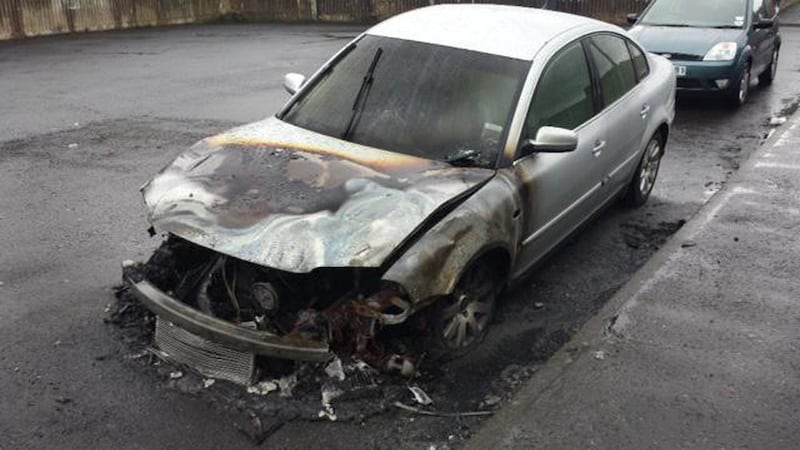 06/05/2015: The car belonging to Derry Sinn Fein cllr Colly Kelly which was burnt out overnight. supplied pic / see Seamus story. 
