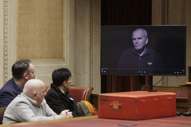 A pre-recorded video of Peter Heathwood is played during an event commemorating European Day of Remembrance of Victims of Terrorism