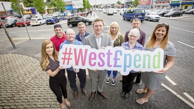 SDLP Councillor, Donal Lyons joins from Fancy Fayre, Decora Blinds,Whinstone Lighting, Raffos, Glen Florist, Zest Beauty Clinic and Action Cancer at the launch of &#39;West&pound;pend&#39; 
