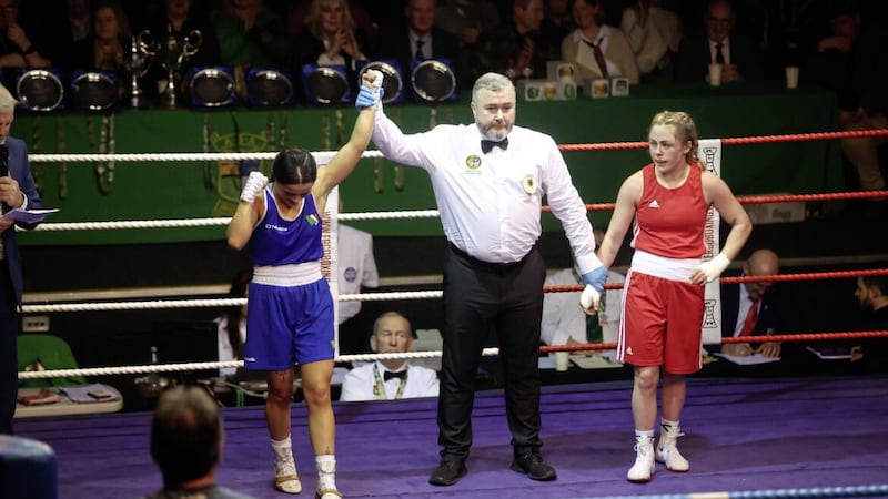Daina Moorehouse celebrates after getting the nod over Belfast&#39;s Caitlin Fryers in Saturday night&#39;s 50kg final at the National Stadium. Picture by Hugh Russell 