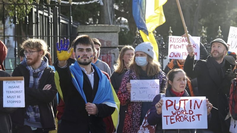 Protesters outside the Russian embassy in Dublin, following the invasion of Ukraine 