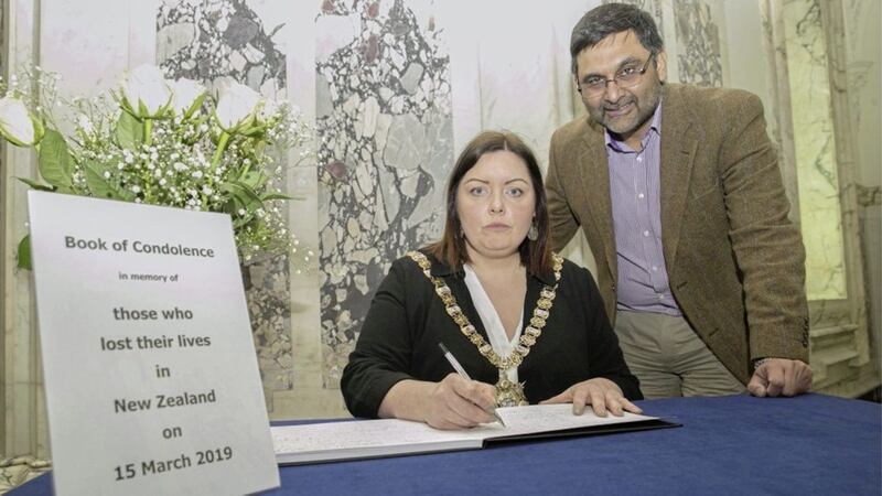 A book of condolence for those who lost their lives in New Zealand was opened at Belfast City Hall by Lord Mayor Deirdre Hargey, joined by Dr Muhammad Saleem Tareen of the Belfast Islamic Centre. Picture by Hugh Russell 