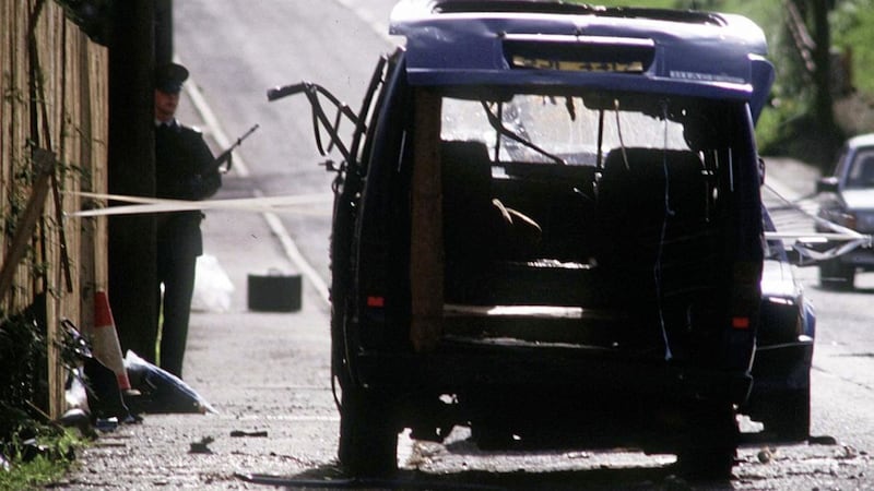 The bullet riddled Hiace van in which 8 IRA men were shot dead by the SAS outside Loughgall RUC station in 1988. Picture by Pacemaker