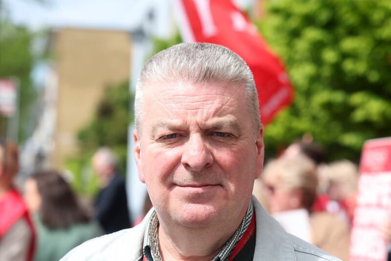 Damien Maguire, who has been a social worker for 20 years on the picket line at the Shankill Wellbeing and Treatment Centre. PICTURE: MAL MCCANN