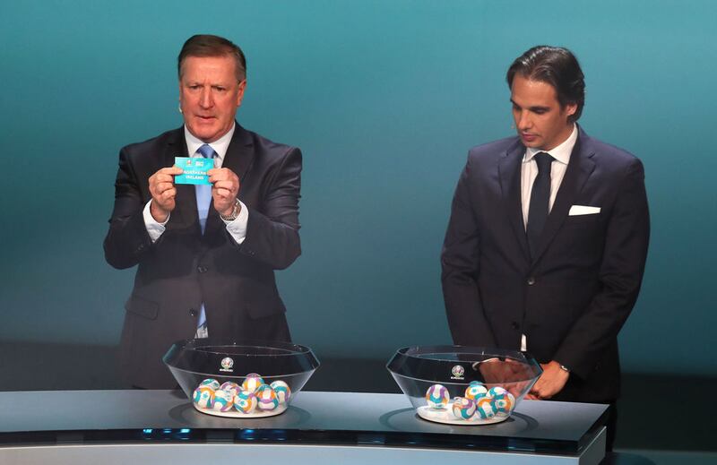 Ronnie Whelan (left) draws Northern Ireland into Group C, stood alongside Nino Gomes during the Euro 2020 European qualifier draw at the Convention Centre, Dublin on Sunday December 2 2018. <br />Picture by Brian Lawless/PA Wire&nbsp;