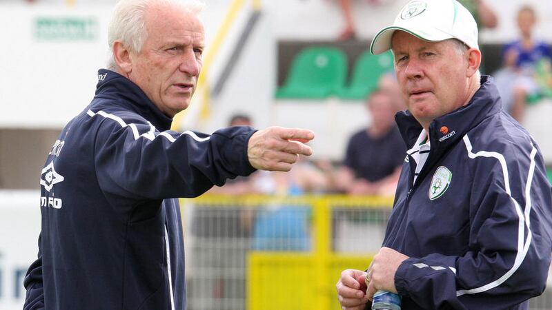 Dubliner Liam Brady (pictured above, right) with Giovanni Trapattoni during his spell as assistant manager with the Republic of Ireland)&nbsp;