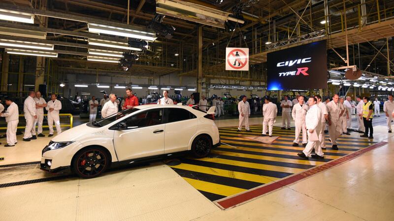 One of the first new Honda Civic Type R&#39;s to roll of the production line at the Honda factory in Swindon, as the number of cars built in the UK last month topped 109,000 - the highest August total in 14 years 