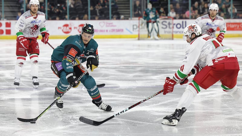 Press Eye - Belfast, Northern Ireland - 19th March 2023 - Photo by William Cherry/Presseye

Belfast Giants' Mark Cooper with Cardiff Devils' Josh batch during Sunday's Elite Ice Hockey League game at the SSE Arena, Belfast. Photo by William Cherry/Presseye