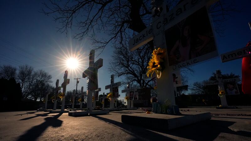Crosses stand in memorial to victims of the shooting at Robb Elementary School in Uvalde, Texas (Eric Gay/AP)