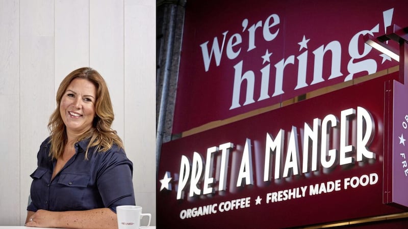 Clare Clough, Pret A Manger&#39;s UK &amp; Ireland managing director, and the signage on the food chain&#39;s first Belfast store on Donegall Square West, which opens on Thursday. 