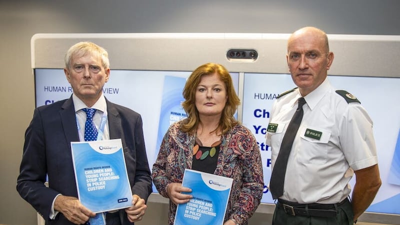 Independent Human Rights Adviser, John Wadham, Policing Board Chair, Deirdre Toner and Assistant Chief Constable Alan Todd during the publication of Human Rights Review of Strip Searching of Children and Young People in Police Custody, at the Northern Ireland Policing Board offices at the Gasworks, Belfast (PA)