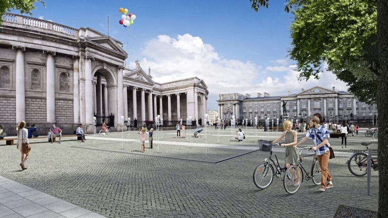 An artist&#39;s impression of the planned College Green plaza in the heart of Dublin, looking towards the Bank of Ireland Picture: Dublin City Council/PA 