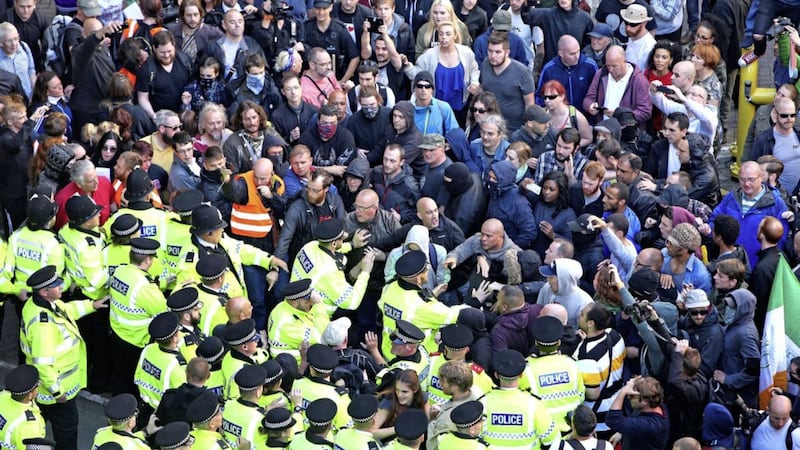 Police intervening in Liverpool to protect members of National Action on August 15 2015. Picture by Peter Byrne/PA 