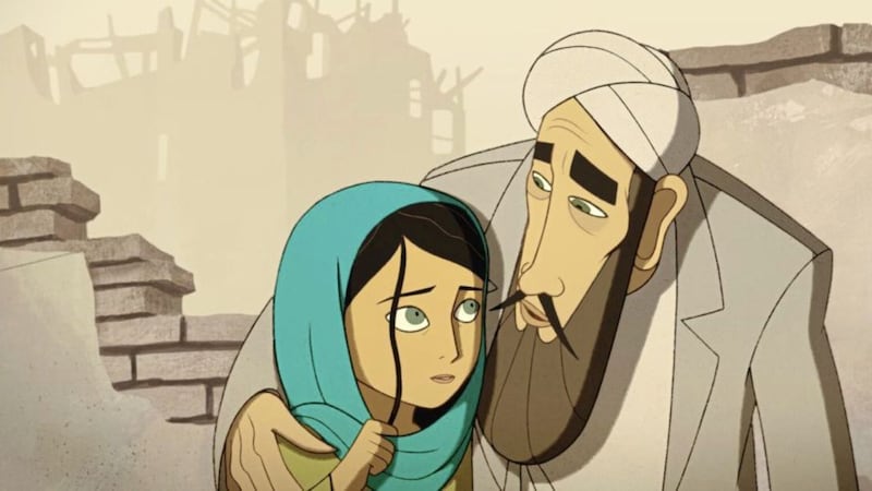 Parvana (voiced by Saara Chaudry) and her father Nurullah (Ali Badshah) in The Breadwinner 