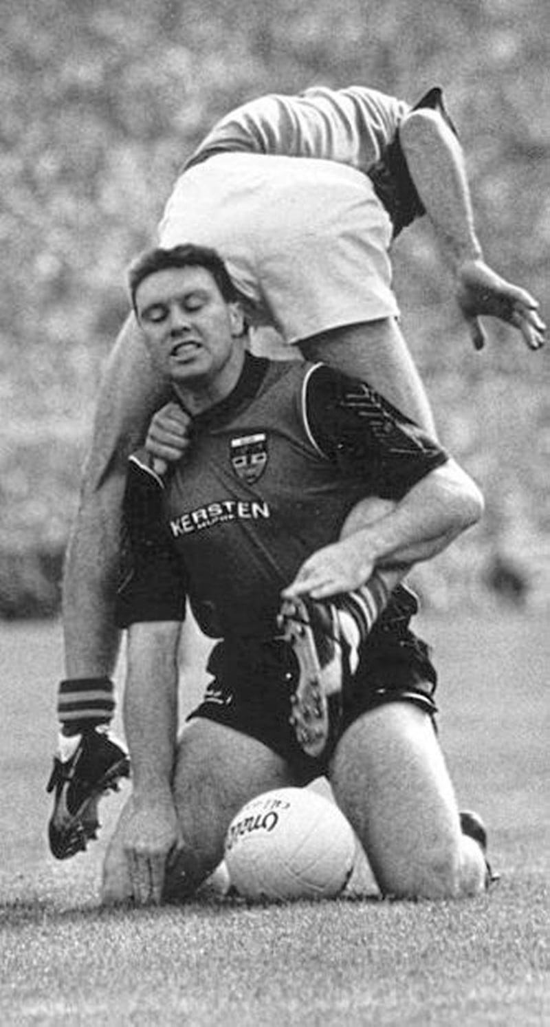 In what became an iconic image, Withnell tussles with Meath full-back Mick Lyons during the 1991 All-Ireland final