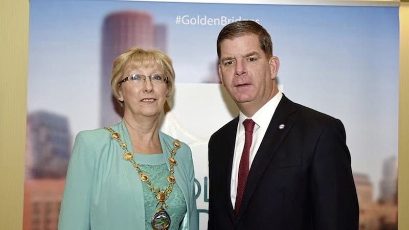 Strabane and Derry Mayor Hilary McClintock pictured with the Mayor of Boston, Marty Walsh at the Golden Bridges Conference in Boston 