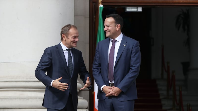 Taoiseach Leo Varadkar (right) greets European Council President Donald Tusk at Government Buildings in Dublin for talks ahead of the European Council summit later in the week&nbsp;