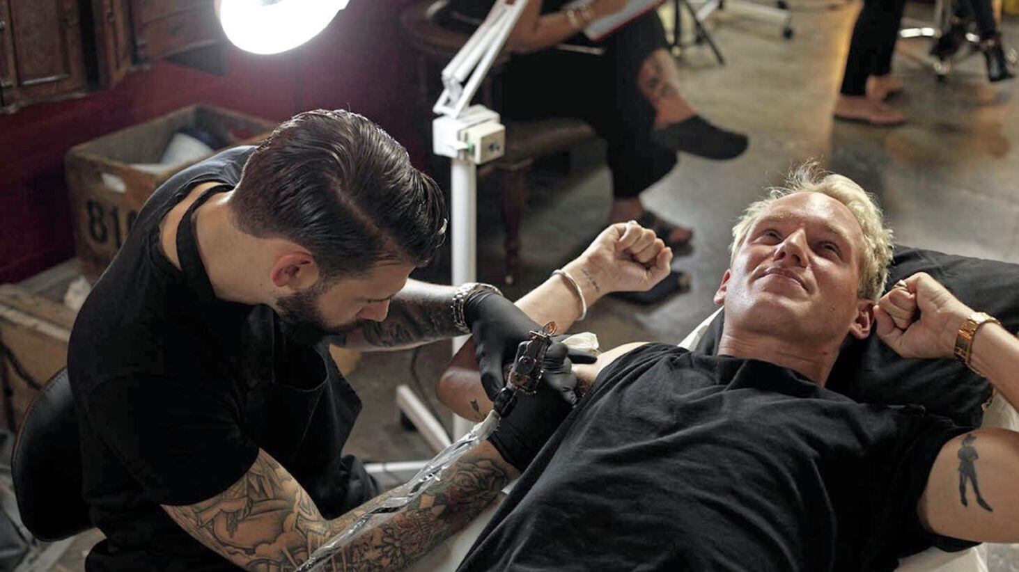 Channel 4 reality TV show Made In Chelsea's Jamie Laing seen on E4's Tattoo Fixers with Jay Hutton
