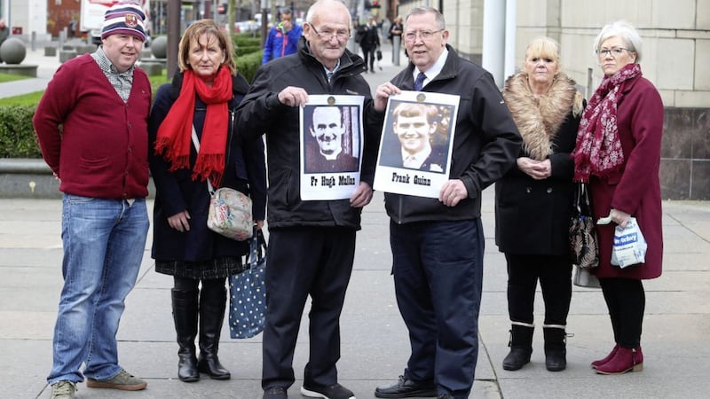Some of the families of the Ballymurphy victims outside Laganside Courthouse in Belfast yesterday. Picture by Mal McCann 