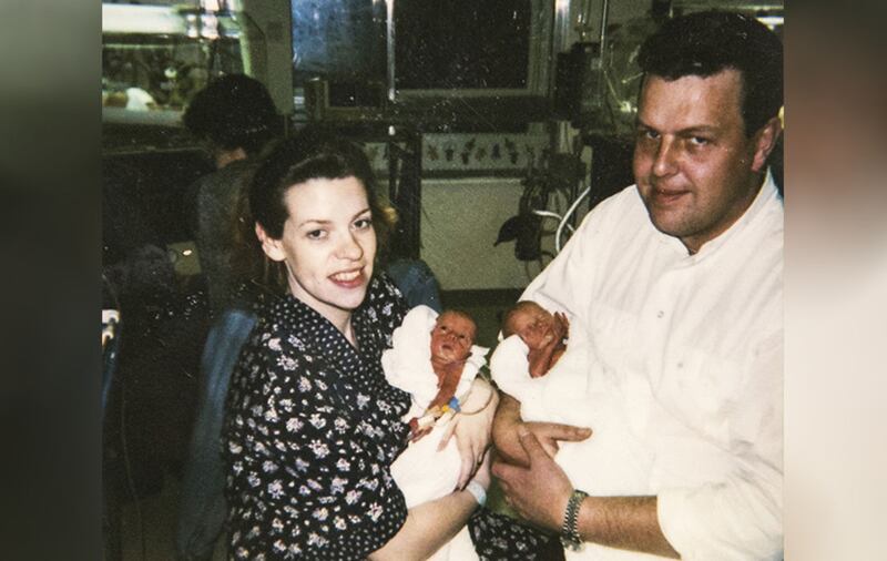 Catherine Smith and her husband Al in hospital with their newborn twin daughters Katie and Hope, who were born prematurely 22 years ago at just 29 weeks&nbsp;