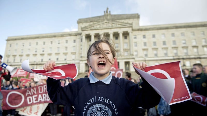 Supporters attend an Irish language protest at Stormont over failure to implement the act. Picture by Mark Marlow 