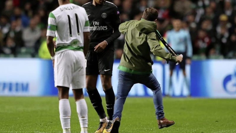 Celtic fan John Hatton (21) was sentenced for this attack in which he attempted to kick PSG forward Kylian Mbappe. Picture by Andrew Milligan/PA Wire 