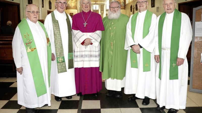 Fr John Nevan, Fr Jim O&#39;Donaghue, Bishop Noel Treanor, Fr Philip O&#39;Hallaran, Fr Gerald Doyle and Fr James Boyle at St Mary&#39;s Church in Belfast city centre. Picture by Declan Roughan 