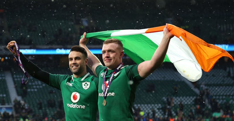 Ireland's Dan Leavy and Conor Murray celebrate after beating England to win rugby's Six Nations Grand Slam at Twickenham Stadium, London on St Patrick's Day, March 17 2018. &nbsp;