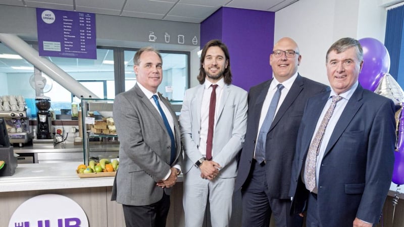 Mount Charles chairman Trevor Annon (right) and its head of sales and marketing Gavin Annon (second left) are joined by Flybe&#39;s chief commercial officer Roy Kinnear (left) and chief strategy officer Vincent Holder at The Hub at the Hangar cafe in Flybe&#39;s wew Walker hanger in Exeter 