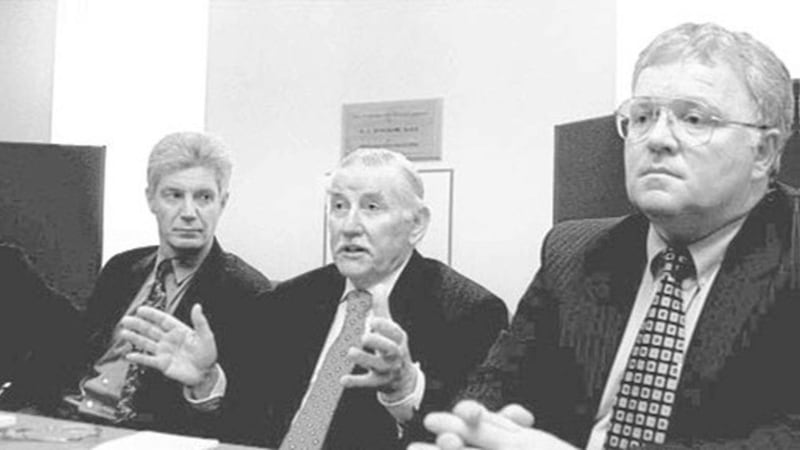 DECISION MAKERS...Ken Prichard (second from right) (Chairman of the IFA Senior Clubs Committee) outlines the reasons for Cliftonville&rsquo;s expulsion from this season&rsquo;s Irish Cup final. Also pictured are (l to r) David Bowen (General Secretary IFA), Terry Graham and Brain Houston both from sponsors Bass Ireland 