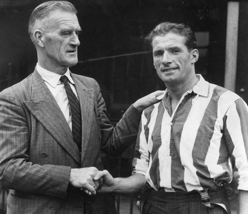 STOKE SWITCH: Pictured right, Jimmy McAlinden shakes hands with Stoke City manager Robert McGrory after completing his &pound;8,000 move from Portsmouth to the Potters