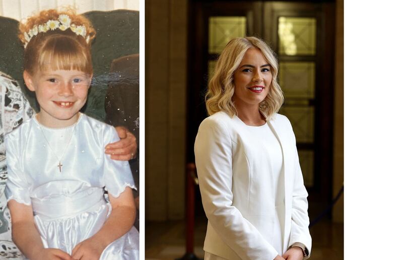 Patricia O'Lynn as as eight-year-old on her First Communion day and during her time as an MLA
