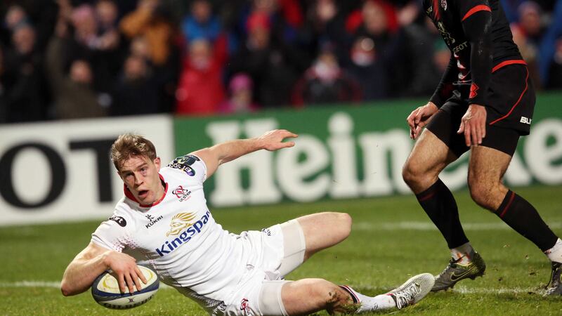 Ulster's Andrew Trimble scores his side's second try during the European Champions Cup match at the Kingspan Stadium on Friday night<br />Picture by PA&nbsp;