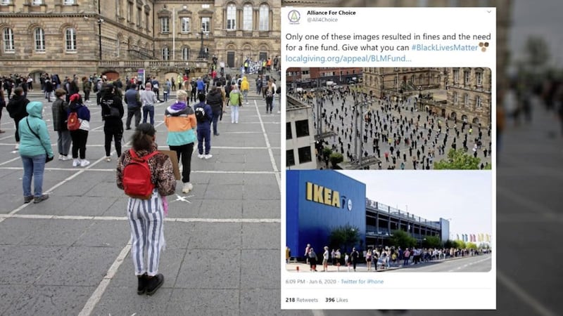 A Black Lives Matter protest in Belfast at the weekend, and inset, the demonstration has been contrasted with the queues outside the city&#39;s reopened Ikea store 