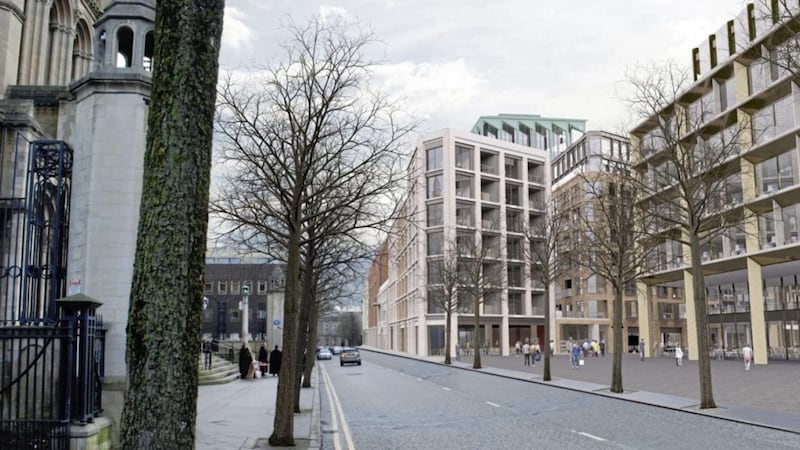A digitally rendered image of how Donegall Street could look after the completion of Castlebrooke's Tribeca project. The reduction of Writer's Square remains a contentious issue for campaigners. 
