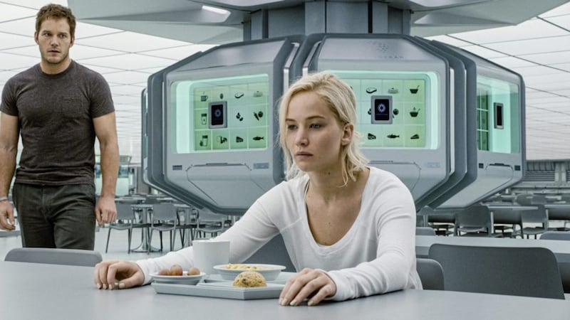 Jennifer Lawrence and Chris Pratt play strangers who have left Earth on a huge spaceship to be part of a new colony 