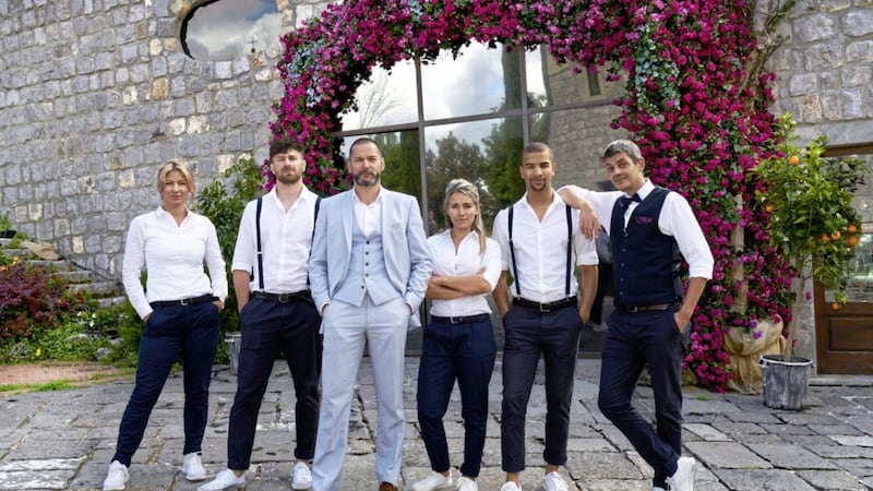 Fred Sirieix, centre, and the First Dates team outside of the hotel 