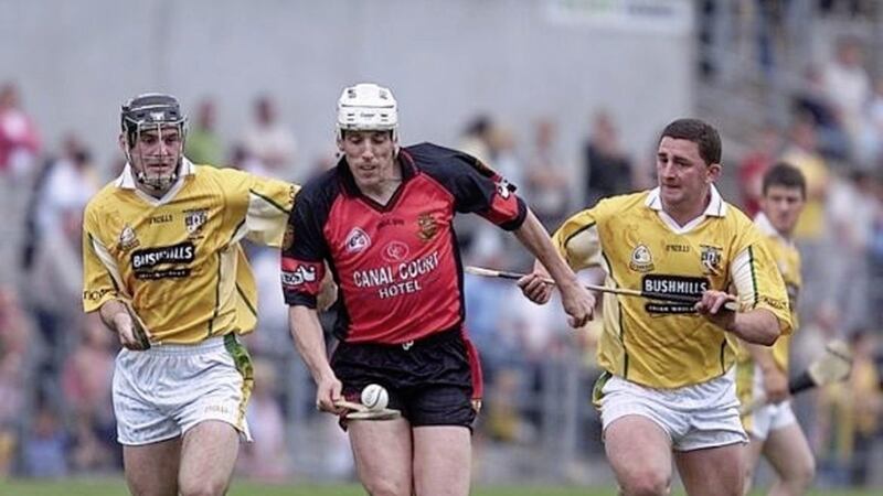 Down&#39;s Gerard McGrattan in action against Antrim in the drawn Ulster final clash between the counties in 2004. Picture by Seamus Loughran 