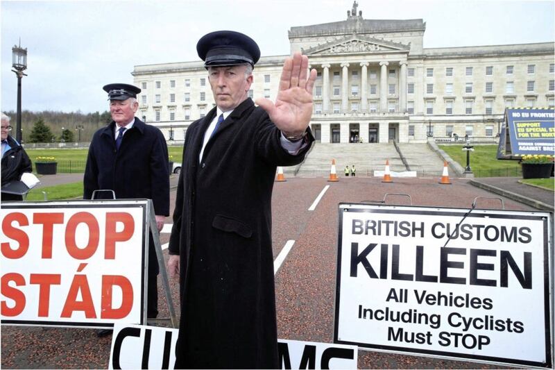 Brexit Border protest gets on the way at Stormont Picture by Hugh Russell.jpg. 