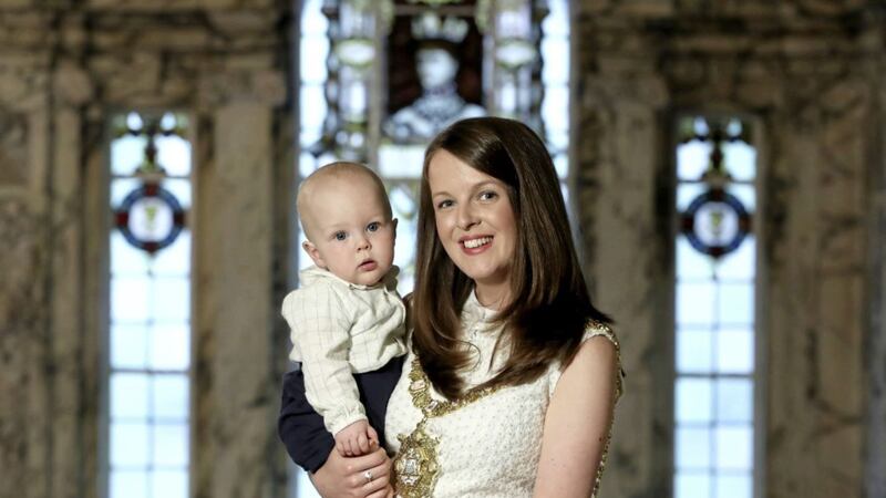 Belfast's new lord mayor Nuala McAllister and her son Finn