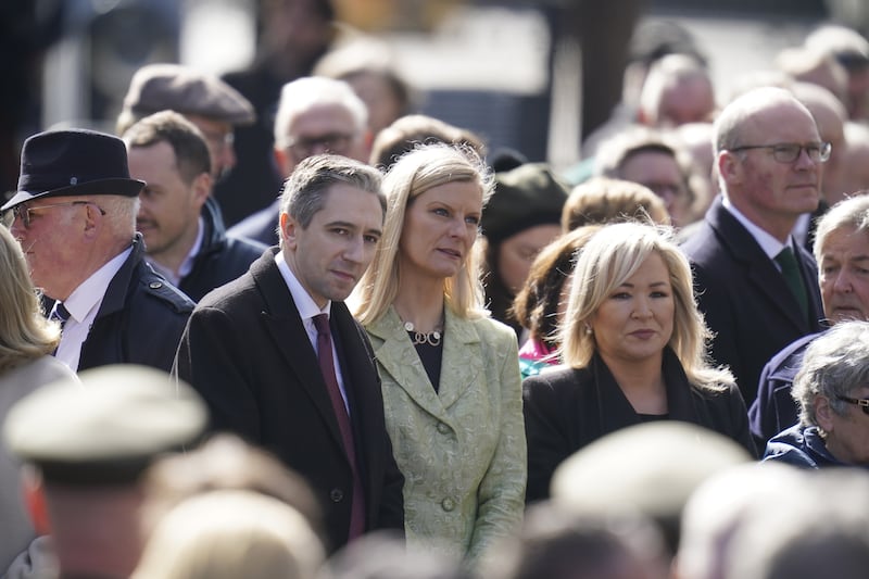 Fine Gael leader and Further Education Minister Simon Harris and First Minister of Northern Ireland Michelle O’Neill during a ceremony at the GPO on O’Connell Street in Dublin to mark the anniversary of the 1916 Easter Rising