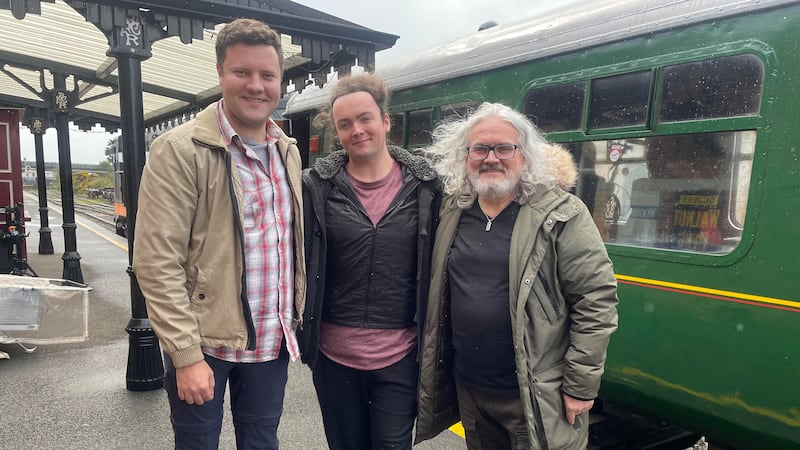 Ready for action, Actor Conor O’Donnell who plays the young Michael,  director Colm G Doran and writer Michael Cameron on set at Whitehead Railway Museum