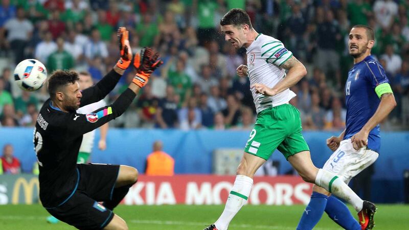 &nbsp; LILLE DIAMOND: Robbie Brady powers home his header to give Ireland victory over Italy on Wednesday night. It was a moment that will live long in the memory of sports fans throughout the country<br /> Picture by PA