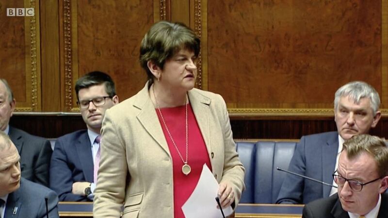 DUP leader and First Minister Arlene Foster speaking yesterday in the assembly chamber 
